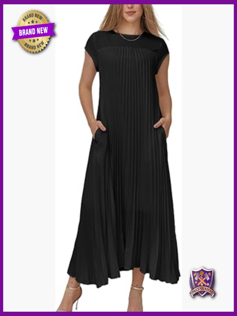 Flowy Pleated Maxi Dress With Pockets Crewneck Swing Dress